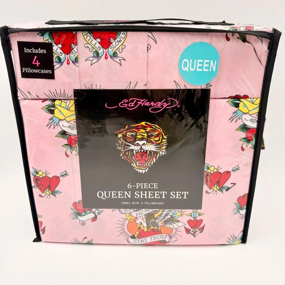 Ed Hardy Pink Tattoo Flash‎ Queen Sheet Set 6 Piece Tiger Eagle Hearts NEW